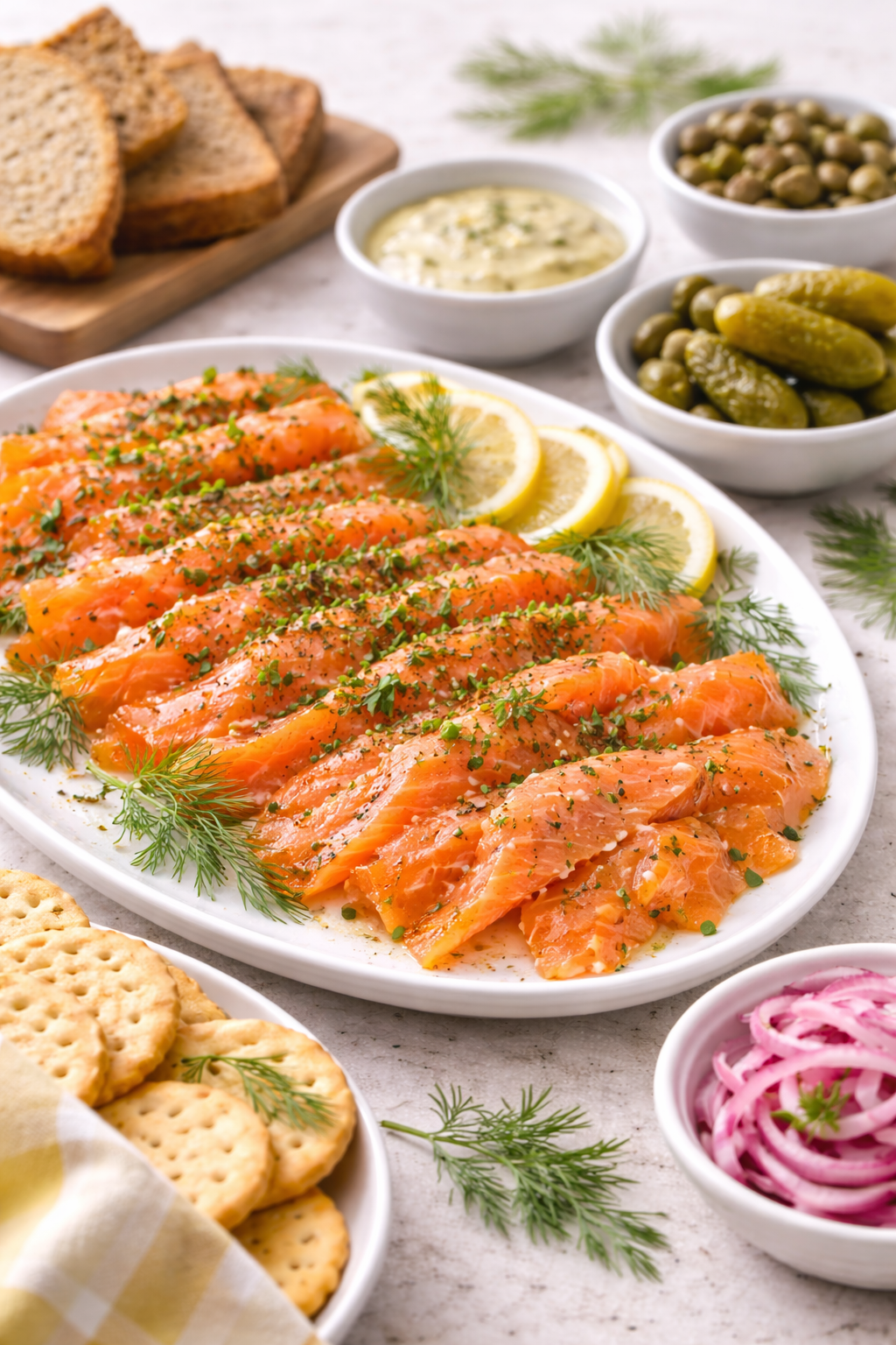 Salmón gravlax en láminas finas servido en plato con eneldo, limón y acompañamientos como pan, pepinillos y alcaparras