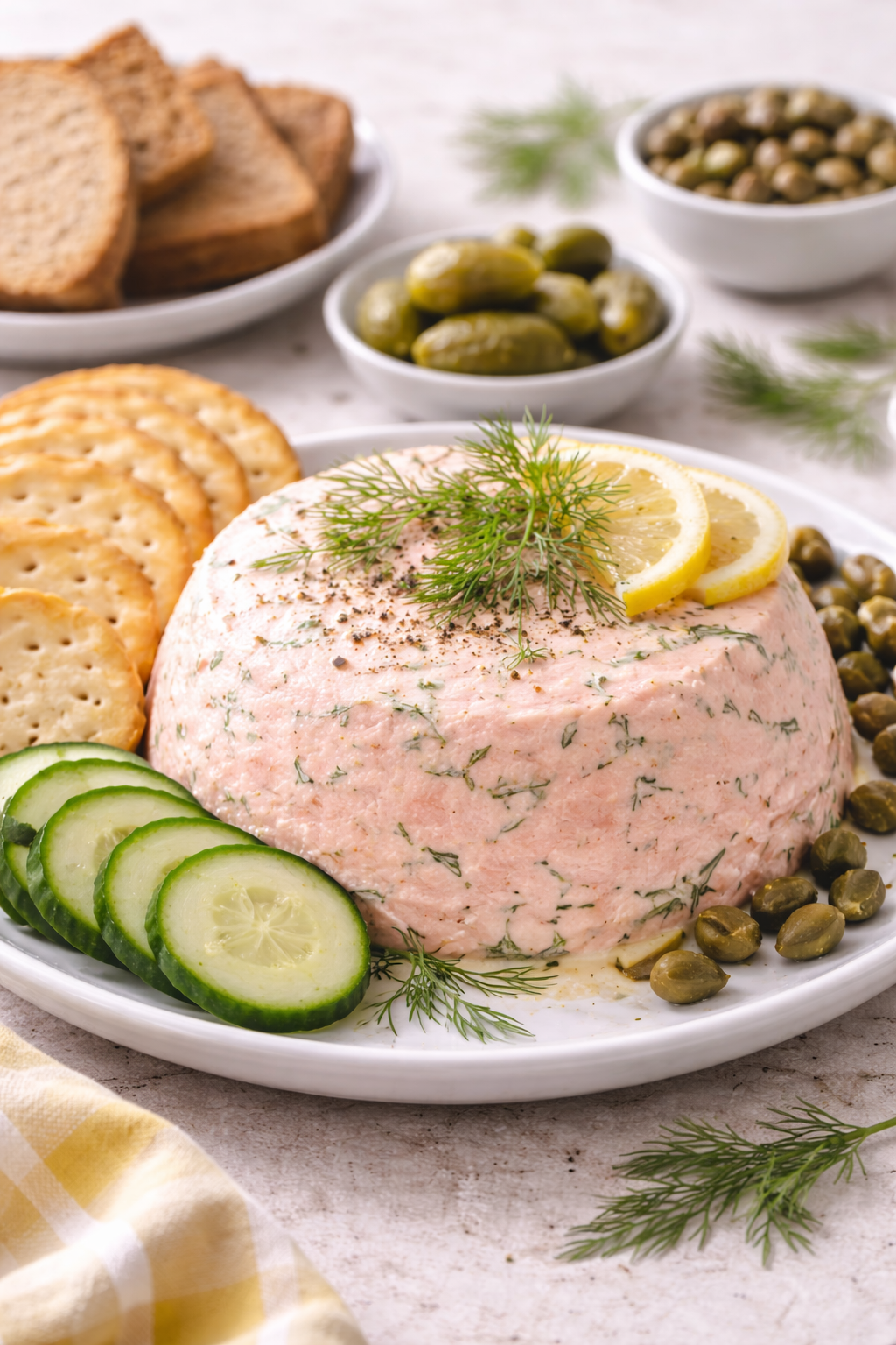 mousse de salmón chileno servido en plato con eneldo, rodajas de limón y acompañamiento de galletas y pepino